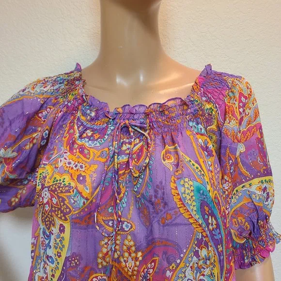 RALPH LAUREN sheer SILK METALLIC off-shoulder floral paisley smocked Boho top M - Picture 2 of 6